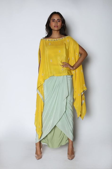 Coord Set With Dhoti, Dhoti Skirt Outfits, Suit Dress For Women, Dhoti Kurti, Fusion Outfits, Yellow Kaftan, Dhoti Skirt, Western Party Wear, Lehenga Saree Design