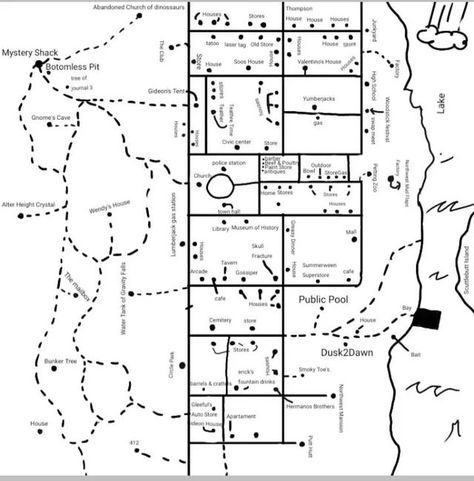 Gravity Falls Town Map, Gravity Falls Map, Gravity Falls Town, Oc Reference, Fall City, Mystery Shack, Reference Board, Autumn Paper, Baldurs Gate