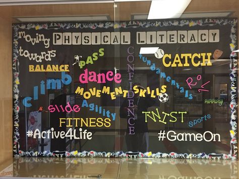 Pe Door Decorations Physical Education, Pe Display Boards, Pe Teacher Bulletin Boards, Elementary Pe Gym Decorations, Pe Bulletin Board Ideas, Pe Bulletin Boards Middle School, Physical Education Bulletin Board Ideas, Pe Bulletin Boards Elementary, Gym Bulletin Board Ideas