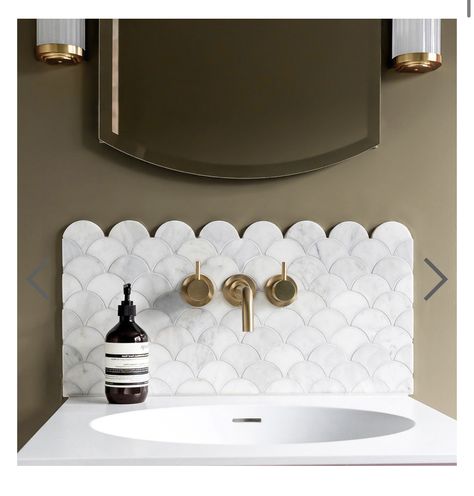 Backsplash Bathroom Sink, Scallop Tile Bathroom, Scallop Tile Backsplash, Fish Scale Tile Bathroom, Scallop Tiles, Shell Mosaic Tile, Fish Scale Tile, Shell Tiles, Small Toilet Room