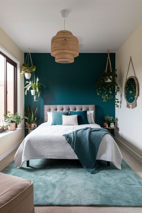 Deep Teal Accent Wall Bedroom, Teal Statement Wall, Turqoise Bedroom Master Colour Schemes, Teal House Interior, Peacock Teal Bedroom, Deep Turquoise Bedroom, Sage And Teal Bedroom, White Room With Accent Wall, Green Blue White Bedroom