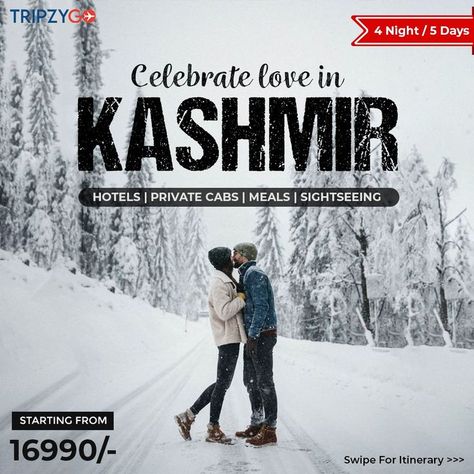 There is a reason why Kashmir is called ‘Paradise on Earth’. 🌳 💐

It will reignite the lost passions of your heart, and rejuvenate your soul-with its pristine lakes, snow-capped peaks, and ancient temples; all just waiting to be discovered. 🥰

Tag the person who you want to travel to Kashmir with and tell us why. #kashmirwithlove
.
#tripzygo #tripzygointernational #travelwithtripzygo #travelwithme #kashmirvalley #kashmirtourism #gulmarg #srinagar #pahalgam #snow #snowremoval #love Kashmir Travel, Travel Advertising Design, Kashmir Tourism, Tourism Design, Kashmir Tour, Honeymoon Tour Packages, Spiti Valley, Travel Advertising, Travel Poster Design