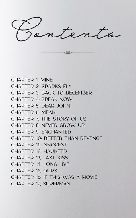 I made this concept for Speak Now: A Novel by Taylor Swift on Canva. I created the front cover, title page, contents page, the first chapter, back cover, and mockups. Table Of Contents Aesthetic, Contents Page, Last Kiss, Speak Now, Chapter 16, Dear John, Content Page, Never Grow Up, Table Of Contents