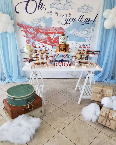 Vintage Airplane Baby Shower Party Ideas | Photo 7 of 16 | Catch My Party Aviation Gender Reveal, Planes Baby Shower Theme, Travel Theme Baby Shower Ideas Boy, Airplane Baby Shower Ideas, Plane Themed Baby Shower Ideas, Airplane Theme Baby Shower Decor, Pilot Baby Shower Theme, Baby Boy Airplane Shower Ideas, Baby Shower Planes Theme