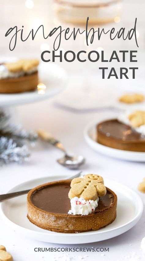 This gingerbread chocolate tart is a beautiful dessert for your Christmas day table that will wow your guests and it's easy to make too. A spiced chocolate ganache filling sits inside a beautiful crisp gingerbread pastry case, decorated on top with whipped cream, gingerbread men and festive sprinkles. #gingerbreadtart #gingerbreadchocolatetart #gingerbread #pastry #christmasdessert #chocolateganache #gingerbreadpastry #festivebaking