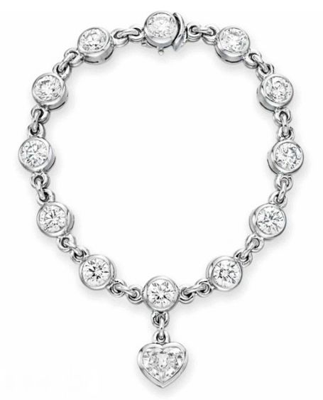 A DIAMOND BRACELET, BY GRAFF   Designed as a series of twelve bezel-set circular-cut diamonds, suspending a bezel-set heart-shaped diamond articulated charm, mounted in white gold, 6¾ ins.  Signed Graff, no. 3277 Graff Jewellery, Graff Jewelry, Bvlgari Perfume, White Diamond Jewelry, Graff Diamonds, Diamond Bangles, Colorless Diamond, Jewelry Auction, Heart Shaped Diamond