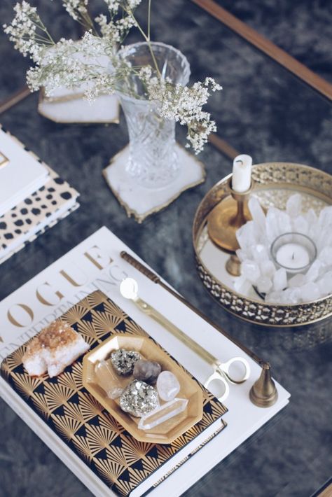 How I Styled My Coffee Table - Sarah Grace at Home Coffee Table Crystal Decor, Crystal Coffee Table Decor, Crystal Table Decor, Surface Styling, Feng Shui Basics, Sarah Grace, Crystal Room, Crystal Home Decor, Fixer Upper Style