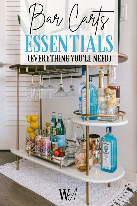 Get ready to impress your guests with a stylish and functional bar cart, complete with these essentials. Small Bar Cart, Bar Cart Inspo, Drinks Cart, Bar Cart Essentials, Cocktail Bar Cart, Coffee Bar Cart, Apartment Bar, Drink Tray, Modern Bar Cart