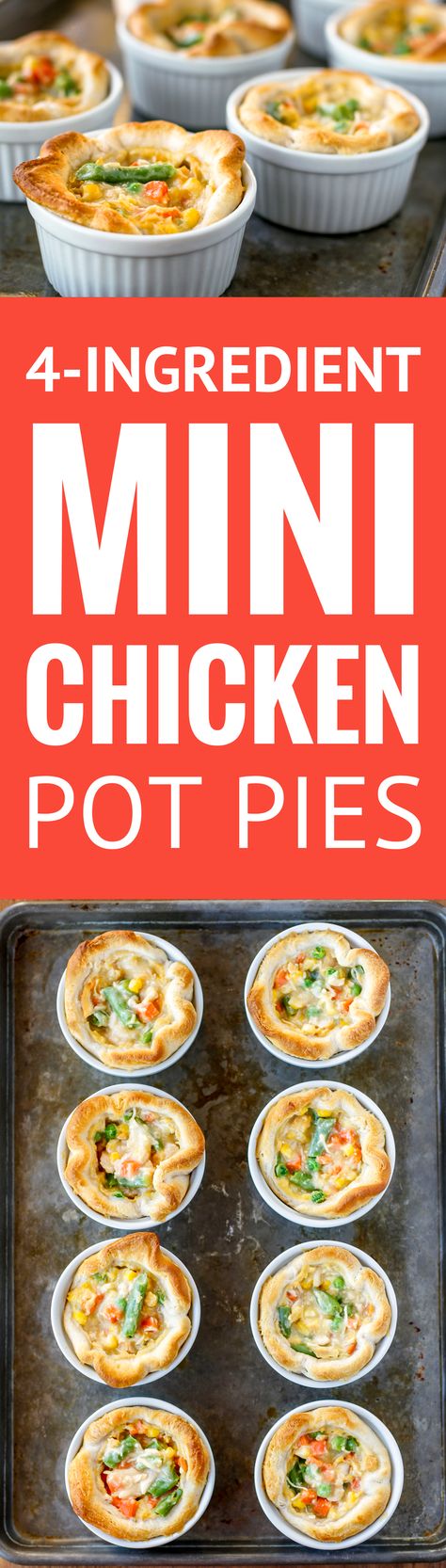 Mini Chicken Pot Pies -- packed with loads of mixed veggies and diced chicken, these 4-ingredient mini chicken pot pies are a fantastically quick and easy weeknight meal! I love baking them in individual ramekins for easy serving. | easy chicken pot pies | chicken pot pies recipe | chicken pot pies with biscuits | chicken pot pies pillsbury | 30 minute meal idea | find the recipe on unsophisticook.com #chickendinner #chickenrecipes #easyrecipe #comfortfood Group Recipes Easy, Lake Meals, Ramekin Recipes, Chicken Muffins, Biscuit Chicken Pot Pie, City Chicken, Chicken Pot Pies, Mini Chicken Pot Pies, Toasted Ravioli