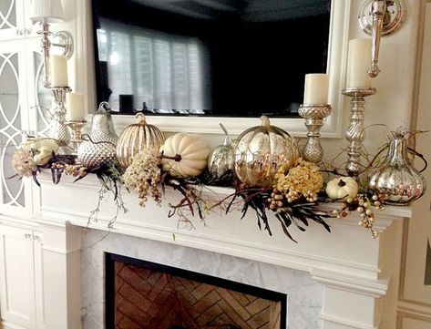 Fall Decor Tips Home Tour - Randi Garrett Design. Mercury glass pumpkins and white pillar candles. Mercury Glass Pumpkins, Mercury Glass Decor, Halloween Mantel Decor, Fall Mantle Decor, Fall Fireplace, White Pillar Candles, Fall Mantle, Rustic Fall Decor, Fall Thanksgiving Decor