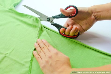 How to Make a 80s Style Tee Shirt: 9 Steps (with Pictures) 80s Shirt Diy, 80s Diy Costume, Easy 80s Outfit, Nkotb Concert Outfit, Ways To Cut Shirts, 80s Themed Party, Cut Tshirt Diy, Tee Shirts Diy, Cut Up T Shirt