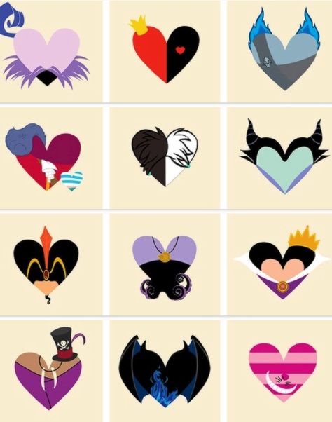 Villain hearts Disney Villain Outline Tattoo, Disney Villain Symbols, Villian Tattoo Ideas, Villains Nails, Disney Villain Tattoo, Disney Villain Nails, Disney Villain Svg, Maleficent Tattoo, Cute Disney Tattoos