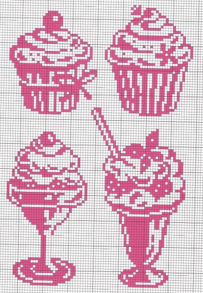 Cupcake, milkshake, sorvete, ponto cruz Cupcake Cross Stitch, Kawaii Cross Stitch, Cross Stitch Kitchen, Pola Kristik, 자수 디자인, Tapestry Crochet, Free Cross Stitch, Crochet Chart, Knitting Charts