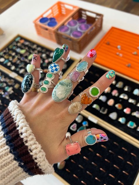 Fun Chunky Gemstone Jewelry, Chunky Rings, 925 Sterling Silver Jewelry Chunky Rings Colorful, Chunky Colorful Rings, Big Chunky Rings, Cute Chunky Rings, Chunky Stone Rings, Funky Rings Silver, Chunky Colorful Jewelry, Colorful Silver Jewelry, Silver Rings Stack Aesthetic