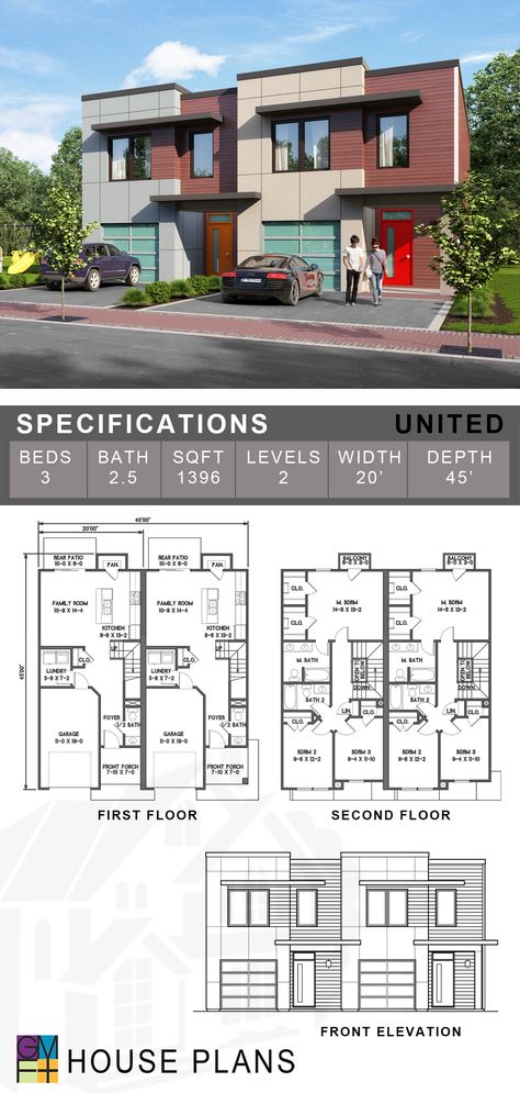 The inspiration for the name of our United model plan comes from the "The Liberty Song," written in 1768 …”join hand in hand, brave Americans all, by uniting we stand, by dividing we fall.” This plan provides two contemporary townhouse units, identical layouts on each side with a single-car garage and three bedrooms on the second floor. The total width of each unit is 20’0”, and with a modification request, we could provide plans for additional attached units, comprising groups of up to seven. Single Unit Apartment Plan, Houses With Apartments Attached, Twin House Design Plan, Townhouse Plans With Garage, Modern Townhouse Plans, 3 Unit Apartment Building Floor Plans, Modern Apartment Building Floor Plans, 3 Bedroom Townhouse Floor Plan 2 Story, House With Apartment Attached