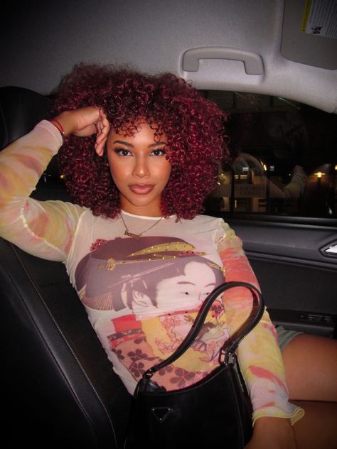 Red curly hair light skin girl in drive seat car posing Red Hair Wax Curly Hair, Cherry Red Curly Hair Black Women, Dark Wine Red Curly Hair, Red Hair Mixed Girl, Red Curly Hair With Bangs, Curly Hair Black Women Natural, Red Hair For Black Women, Red Hair Black Women Natural, Dark Red Natural Hair