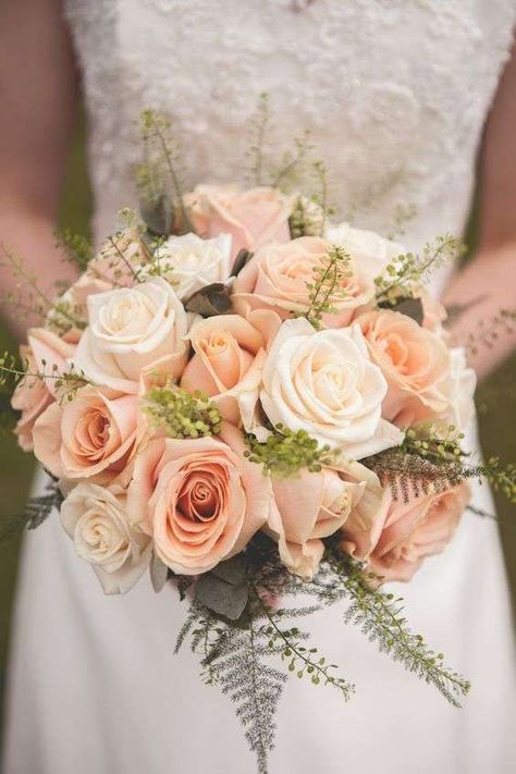 Peach and Cream White Peach Wedding Bouquet, Light Peach Ivory Wedding, Peach And Cream Wedding Bouquet, Peach And Cream Wedding Flowers Bridal Bouquets, Cream Wedding Theme, Peach White Green Bouquet, Peach Wedding Theme, Peach Wedding Decorations, Weddings 2024