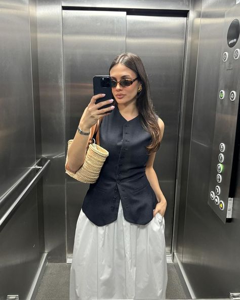 All Posts • Instagram A Week Of Outfits, Waistcoat Outfit, Week Of Outfits, Daily Fits, Classy Skirts, Black Waistcoat, White Maxi Skirts, Skirt Trends, Full Skirts