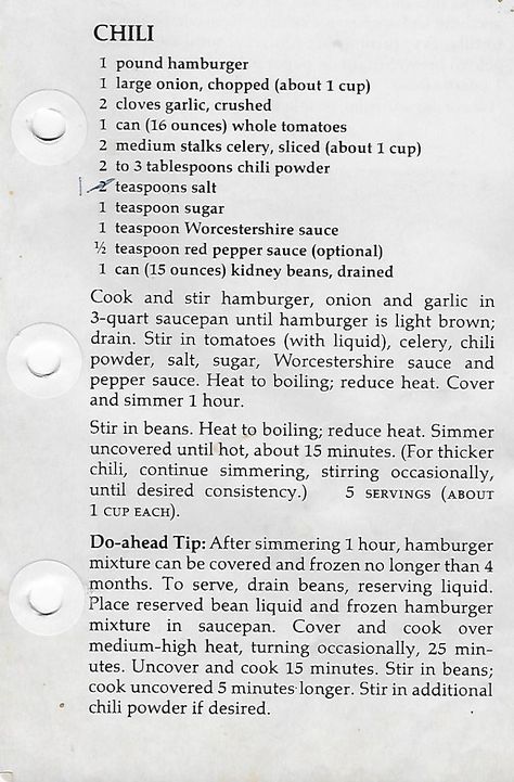 I have been making this Chili for as long as we’ve been married. It came from my old red Betty Crocker cookbook, and it was a staple during my kids’ growing up years. I’ve made it… Old Betty Crocker Recipes, Betty Crocker Chili Recipe, Betty Crocker Chili, Stove Top Meatloaf, Newspaper Recipes, Betty Crocker Cookbook, Recipe Crockpot, Homemade Soups, Chile Recipes