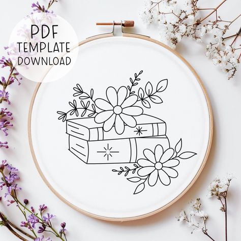 Books With Flowers Embroidery Pattern Download, Reading Book Decor, Book Hand Embroidery, DIY Embroidery Book Design, Book Lover Gift Books With Flowers, Flowers Embroidery Pattern, Buch Design, Digital Embroidery Patterns, Embroidery Diy, Embroidery Template, Flowers Embroidery, Types Of Stitches, Embroidery Book