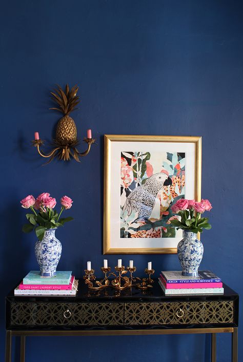 How to Style a Console Table - 1 Console 3 Ways Console Table Eclectic, Console With Painting, Entryway Table Decor Maximalist, Console Table Styling Maximalist, Maxamilist Interior Blue, Style A Console Table, How To Style A Console Table, Estilo Kitsch, Console Table Decorating