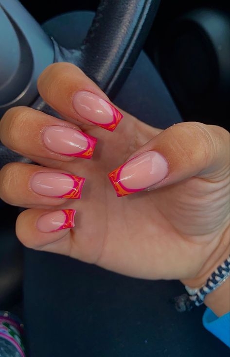 Blend of neon orange and pink swirls on french design, BIAB nails Biab Nails 2023, Orange And Pink French Tip Nails, Pink And Orange French Tip Nails, Holiday Biab Nails, Ibiza Nails, Ibiza Holiday, Orange Nail Art, Biab Nails, Neon Summer