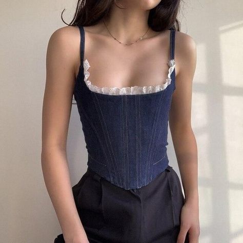 Women Streetwear Summer, Lace Bustier Top, Denim Bustier, Denim Corset Top, Denim Tank Top, Denim Tank, Boned Corsets, Corset Fashion, Denim Corset