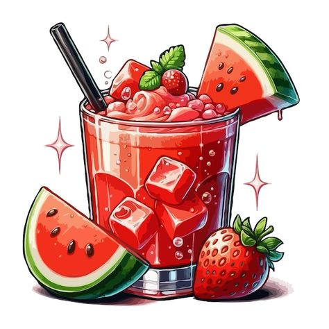 Cold Drink Drawing, Cute Drink Drawings, Food Illustration Art Graphics, Drink Collage, Smoothie Illustration, Watermelon Smoothie, Drink Illustration, Desserts Drawing, Coffee Artwork