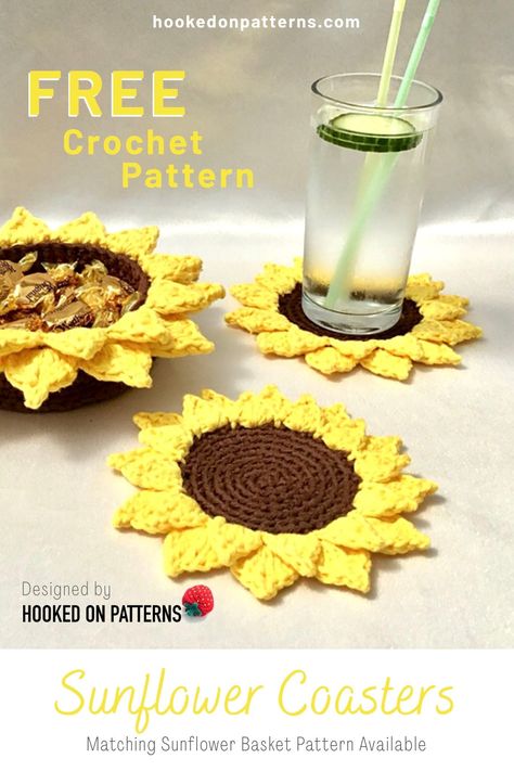 Free Crochet Sunflower Coaster Pattern, Crochet Sunflower Coasters Free Pattern, Free Sunflower Crochet Pattern, Sunflower Afghan, Crocheted Coaster, Crochet Sunflowers, Crocheted Sunflower, Sunflower Coaster, Sunflower Coasters