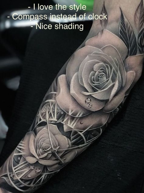 Beautiful Sleeve Tattoos, White Rose Tattoo, Tattoos Arm Mann, Rose Tattoos For Men, Clock Tattoo Design, Forarm Tattoos, Tattoos Geometric, Irezumi Tattoos, Tatuaje A Color