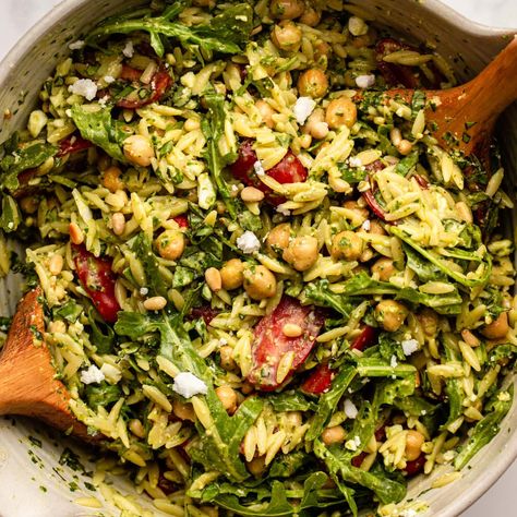 Pesto Rice Salad, Orzo Pesto Pasta Salad, Orzo Salad Recipes Cold, Pesto Orzo Salad, Recipes Pesto, Pesto Uses, Pesto Orzo, Nut Free Pesto, Classic Pasta Salad