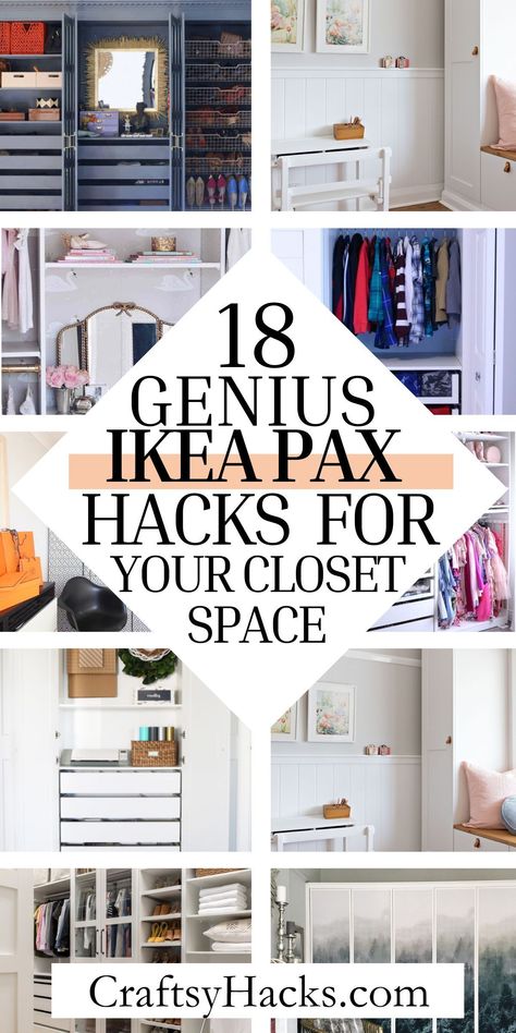 Save money on your bedroom decor with the IKEA pax. Discover smart IKEA hacks to create stylish and functional storage and organization ideas. Whether you're seeking closet storage ideas or more space saving furniture, we've got you covered! Wardrobe Hacks Ikea, Pax Wardrobe Layout Ideas, Ikea Storage Hacks Bedroom, Ikea Closet Storage Ideas, Ikea Clothes Storage Hacks, Closet Wardrobe Organization, Ikea Pax Closet Wall, Wall Storage For Clothes, Pax Wardrobe Organization Ideas