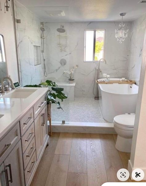 Master Bath Simple, Big Shower Tub Combo, Built In Tub In Shower Area, Bathrooms With Whirlpool Tubs, Bathtub With Rocks Around, Bath Tub In Shower Combo Ideas, Walk In Shower And Free Standing Bath, Free Standing Tub Inside Shower Layout, Open Shower With Tub Master Bath