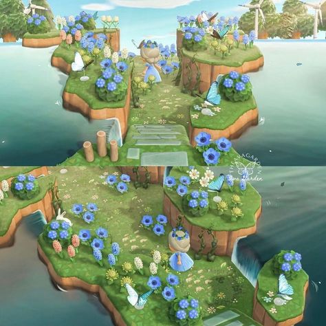 Butterfly Island Acnh, Butterfly Lake Animal Crossing, Acnh Butterfly Designs, Animal Crossing Butterfly Garden, Animal Crossing Water Design, Animal Crossing Waterscaping, Animal Crossing Botanical Garden, Acnh Butterfly Pond, Butterfly Animal Crossing