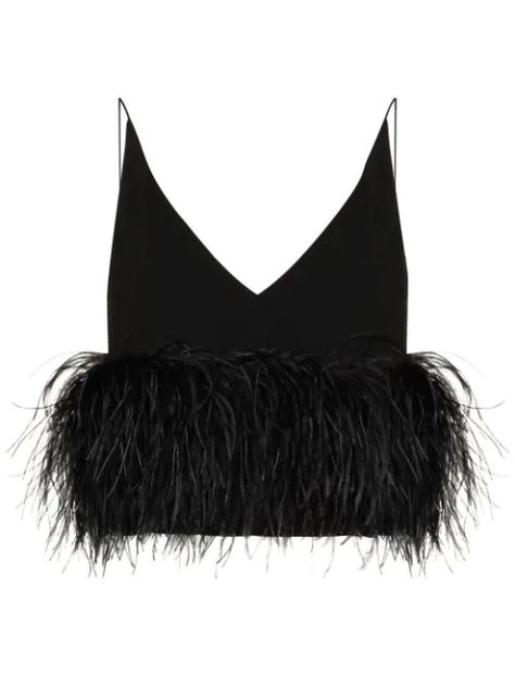 16 Arlington, Feather Outfit, Black Poppy, Catty Noir, Feather Tops, Feather Trim, Black Camisole, Ostrich Feather, Cropped Tops