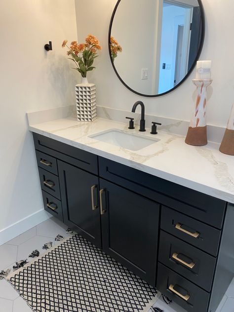 Modern Navy Bathroom Vanity, Dark Bathroom Vanities, Bathroom Ideas With Black Cabinets, Bathroom Black Cabinets White Counter, Black Bathroom Cupboards, Black Cabinet Bathroom Ideas, Bathroom Remodel Black Vanity, Bathroom Black Cabinets, Iron Ore Bathroom Vanity