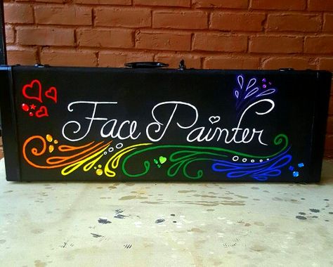 Refurbished guitar case I handpainted with acrylic paint that will be used as My face painting kit . Face Painting Signs Ideas, Painting Bulletin Boards, Face Painting Sign, Preschool Carnival, Funny Tip Jars, Paint Business, Paint Station, Face Paint Set, Face Painting Tips