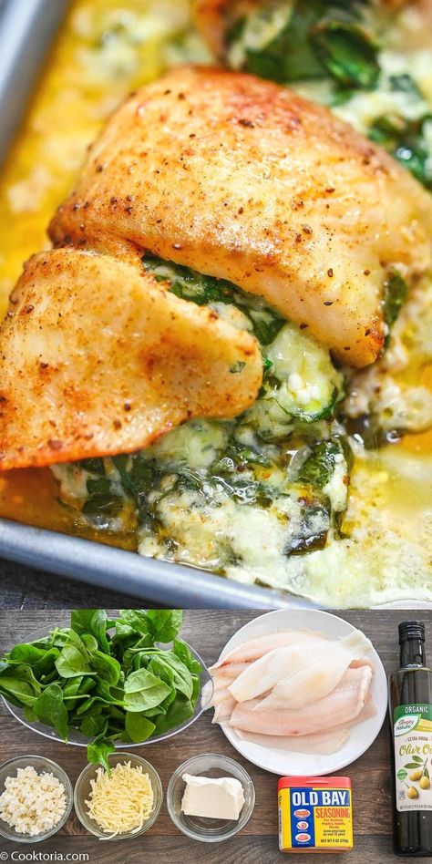 Stuffed Fish Recipes Tilapia, Soft Fish Recipes, Meals With Fish Healthy Recipes, Flounder Meals, Fall Fish Recipes Healthy, Flounder And Shrimp Recipes, Spinach Stuffed Flounder, Tilapia And Spinach Recipes, Fish Supper Ideas