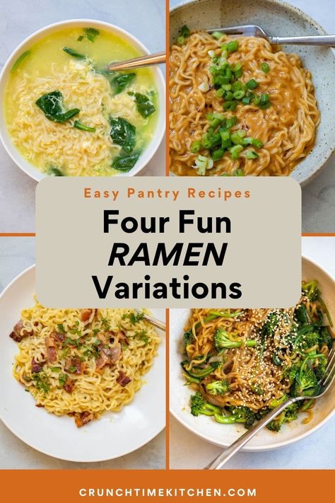 These four fun variations are a great way to change up your standard ramen noodle bowl. From a carbonara version to a spicy PB noodle version, you'll never get bored of standard ramen noodles! crunchtimekitchen.com #ramen #noodles #easy #kitchenhacks Noodle Bowls Easy, Ramen Noodles Package, Easy Ramen, Ramen Noodle Bowl, How To Make Ramen, Ramen Noodle, Noodle Bowl, Easy Pasta Recipes, Noodle Bowls