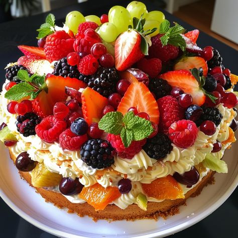 Fresh Fruit Topped Cream Cake Ingredients For the Sponge Cake: 1 1/2 cups all-purpose flour 1 cup granulated sugar 1/2 cup unsalted butter, room temperature 4 large eggs 1/2 cup whole milk 2 tsp baking powder 1 tsp vanilla extract 1/4 tsp salt For the Cream Topping: 2 cups heavy whipping cream 1/2 cup powdered sugar 1 tsp vanilla extract For the Fruit Topping: 1 cup strawberries, hulled and halved 1 cup raspberries 1 cup blackberries 1/2 cup blueberries 1/2 cup red grapes 1/2 cup green gra... Fruit Topping, Piano Cakes, Greek Sweets, Fruit Toppings, Whipping Cream, Red Grapes, Love Eat, Cute Desserts, Heavy Whipping Cream