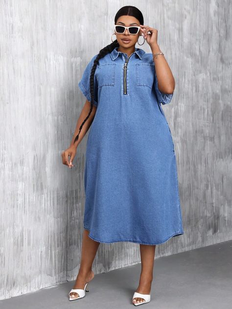 Medium Wash Casual Collar Short Sleeve Denim Plain A Line Embellished Non-Stretch  Women Plus Clothing Demin Dresses Outfits, Demin Dress Outfit, Short Sleeve Denim Dress, Short Sleeve Denim, Plus Size Denim, Denim Dresses, Dresses Outfits, Plus Clothing, Denim Dress