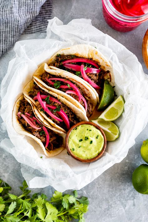 Honey Chipotle Shredded Beef Tacos - No. 2 Pencil Steak Avocado, Steak Taco Recipe, Chimichurri Steak, Shredded Beef Tacos, Quick Pickled Onions, Creamy Avocado Sauce, Veggie Tacos, Broma Bakery, Honey Chipotle