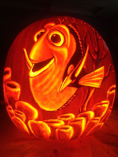 Part of a Finding Nemo series in 2016 Finding Nemo Pumpkin Ideas, Dory Pumpkin Carving, Pixar Pumpkin Carving, Dory Pumpkin Painting, Finding Nemo Pumpkin Painting, Finding Nemo Pumpkin Carving, Nemo Pumpkin Carving, Little Mermaid Pumpkin, Nemo Pumpkin