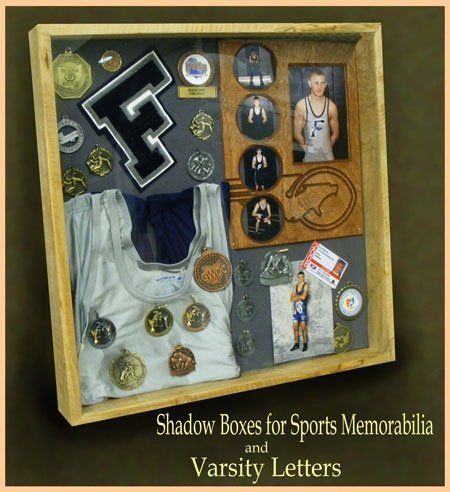 Sports memorabilia shadow box idea | Basement Ideas | Pinterest | Shadow Box, Shadows and Boxes Varsity Letter Display Ideas, What To Do With Varsity Letters Ideas, Wrestling Decorations, Varsity Letter Ideas, Sports Shadow Boxes, Shadow Box Graduation, Shadow Box Memory, Memorabilia Display, Trophy Display