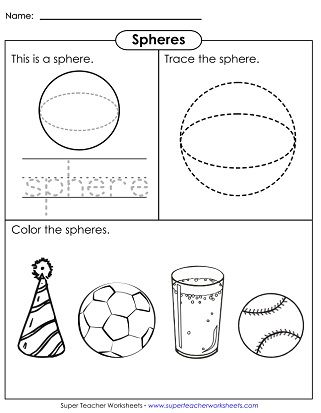 Solid Shapes (Trace and Color) Sphere Shape Worksheet, Sphere Worksheet Preschool, Sphere Worksheet Kindergarten, 3d Shapes Worksheets, Line Art Lesson, Preschool Charts, Shape Worksheets For Preschool, Shapes Worksheet Kindergarten, Trace And Color