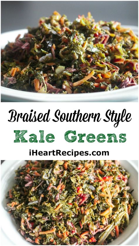 How to make Delicious braised southern, soul food style kale greens seasoned with smoked turkey, peppers, onions, and more! Usually when I’m requested to share a southern greens recipe, It&#8… Kale With Smoked Turkey, Kale Collard Greens Recipe, Kale Greens With Smoked Turkey, Southern Kale Greens, How To Cook Kale Greens, Kale And Collard Greens Recipes, Frozen Kale Recipes, Kale Greens Recipe Southern, Kale Greens Recipe