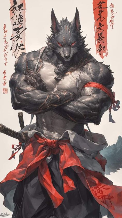 Werelion Art, Wolf Samurai, Wolf Monster, Samurai Werewolf, Dnd Wolf Monster, Wolf Monster Concept Art, Anthropomorphic Wolf Character Design, Big Wolf Fantasy Art, Anthropomorphic Wolf