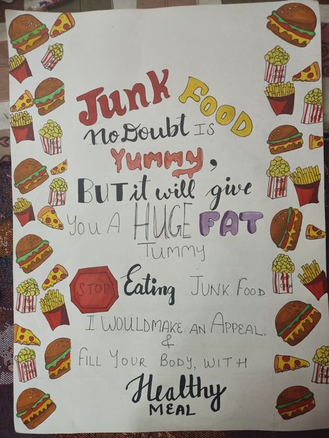 Healthy Junk Food Activities, Slogans On Healthy Food, Health For All Poster Making, Nutrition Slogan Ideas, Slogan Science Ideas, Balanced Diet Project Ideas, Avoid Junk Food Poster, Nutrition Month Slogan Ideas, Food And Nutrition Project Ideas