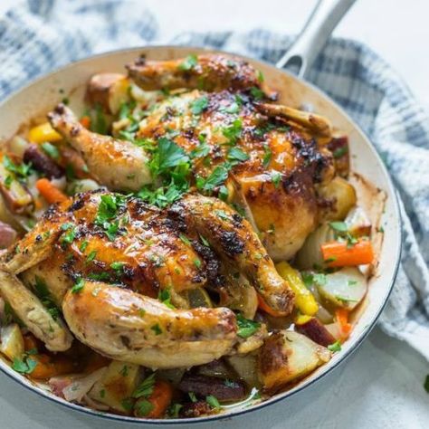 Roasted Citrus Herb Game Hens with Vegetables - The Organic Kitchen Blog and Tutorials Potatoes With Vegetables, Chicken Yogurt, Game Hens, Butter Carrots, Roasted Chicken And Potatoes, Rainbow Carrots, Chicken With Olives, One Dish Dinners, Organic Kitchen