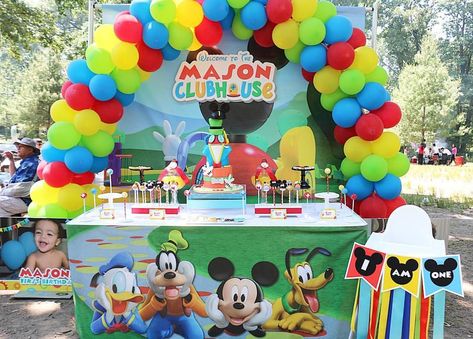 Birthday Table Setup, Mickey Mouse Clubhouse Decorations, Mickey Mouse Clubhouse Birthday Party Decorations, Mickey Mouse Clubhouse Birthday Cake, Mickey Mouse Birthday Decorations, Mickey First Birthday, Mickey 1st Birthdays, Mickey Mouse Bday, Mickey Mouse Themed Birthday Party